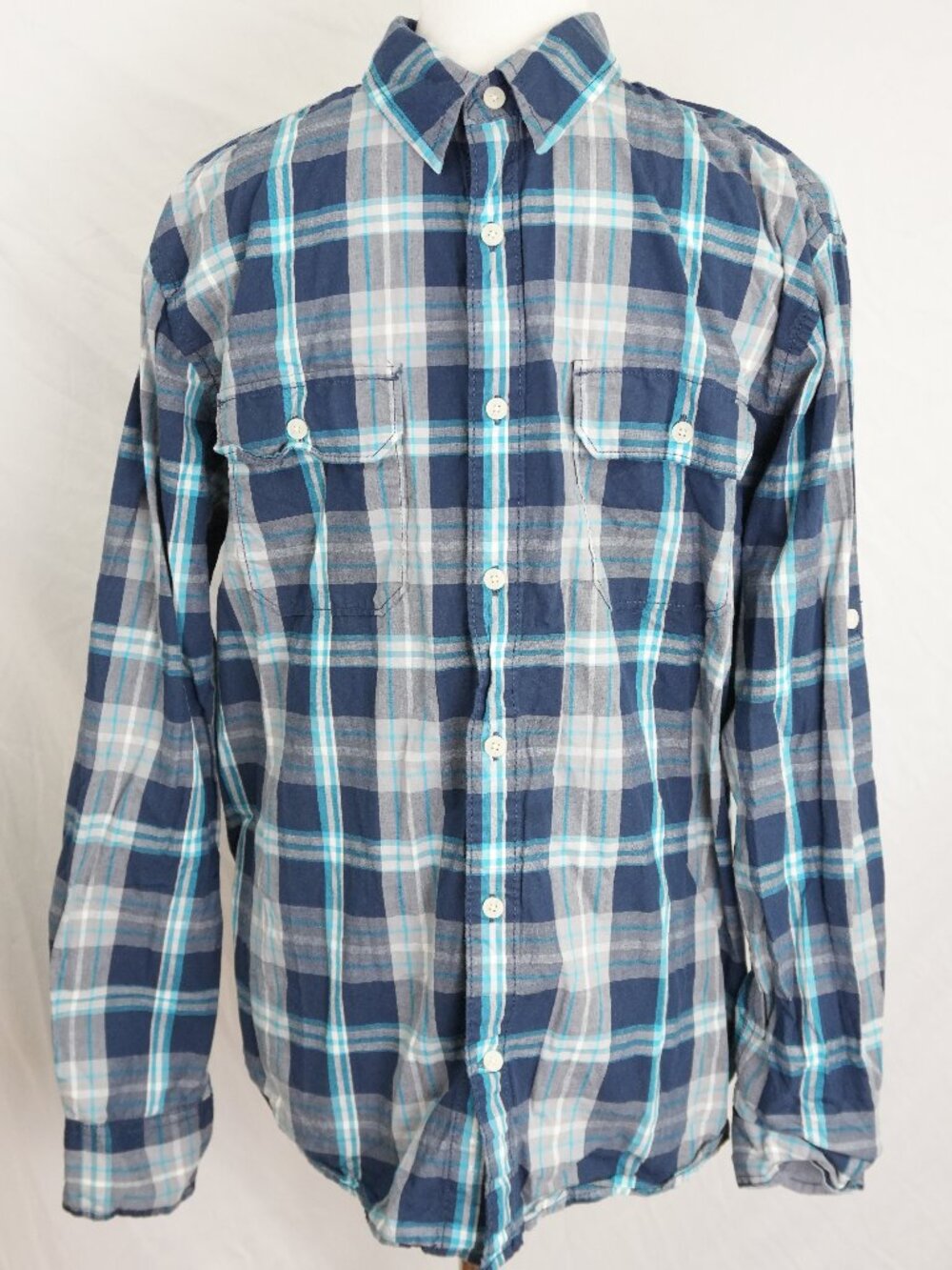 LNC Urban Pipeline Mens Large Plaid Button Down Shirt Blue Gray Pocket